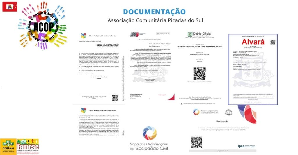 Documentação da Associação Comunitária Picadas do Sul (ACOP), incluindo projetos de lei, alvará e declaração de utilidade pública.